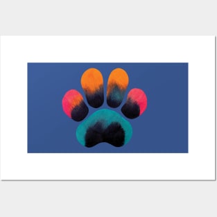 Colourful Paw Print Pet Pattern on Blue Posters and Art